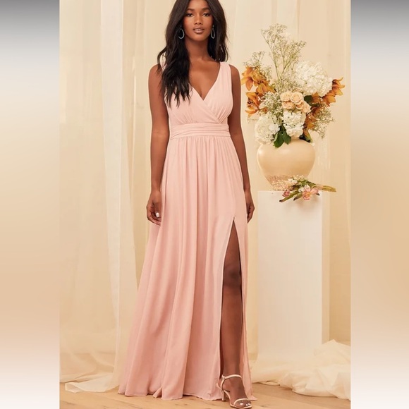 Lulus Thoughts of Hue Blush Surplice Maxi Long Dress Side Split Size Medium NWT - Picture 1 of 10